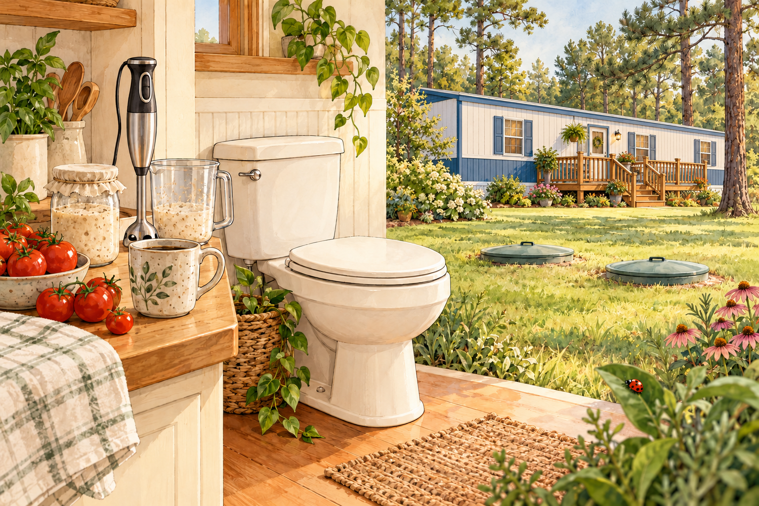 Watercolor illustration with a blue-and-white mobile home and wooden deck, two tank lids, a toilet, tomatoes, sourdough discard, an immersion blender, a coffee mug, and a ladybug.